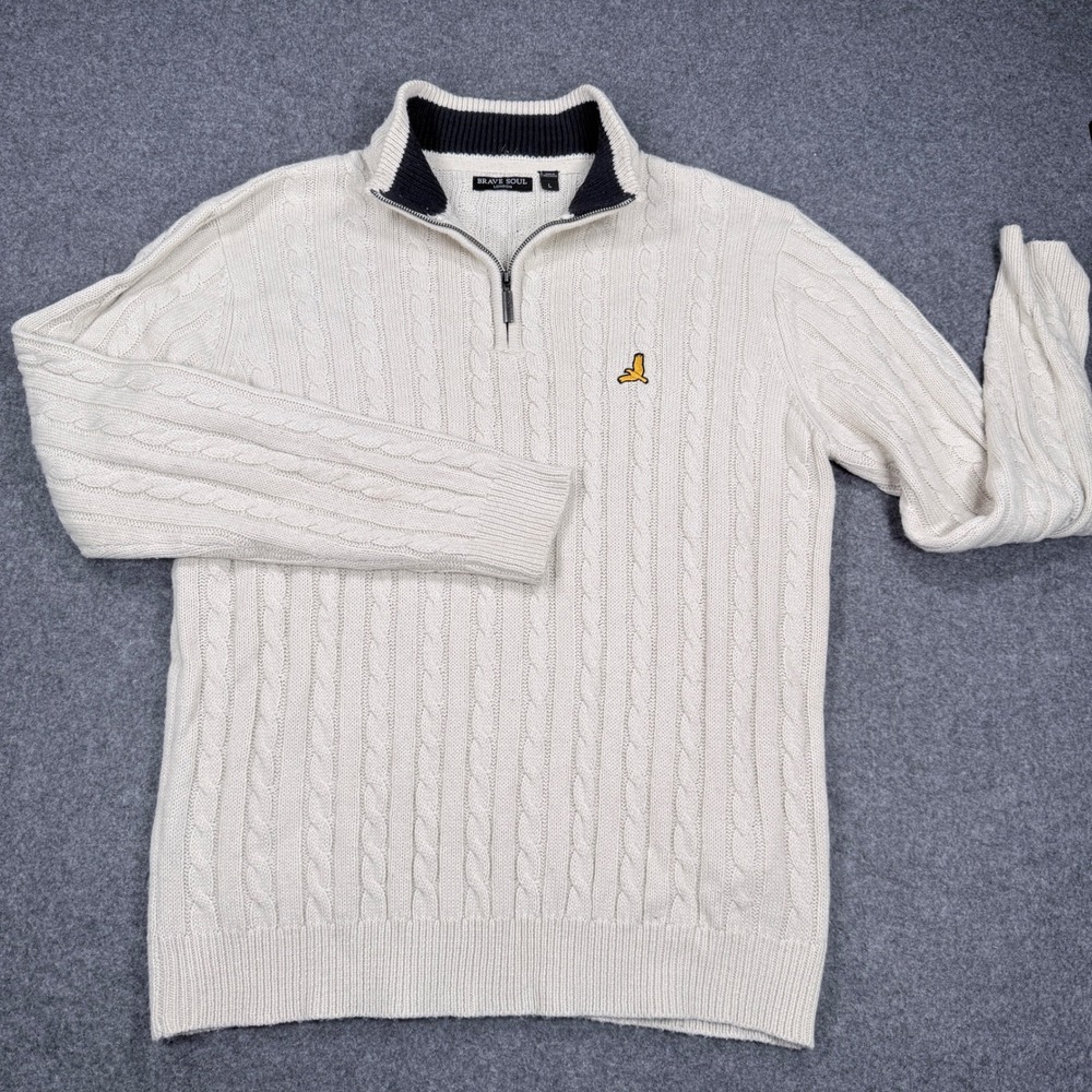 Brave Soul London Mens Large Cream Cable Knit Quarter Zip Sweater MK-248 PLATO